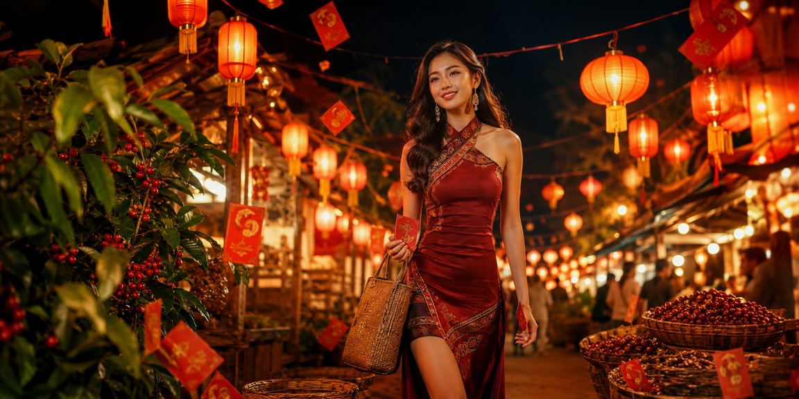 Phong bì đỏ may mắn và hạt cà phê Buôn Ma Thuột, biểu tượng cho ưu đãi thưởng tiền thưởng mang phong cách Việt Nam